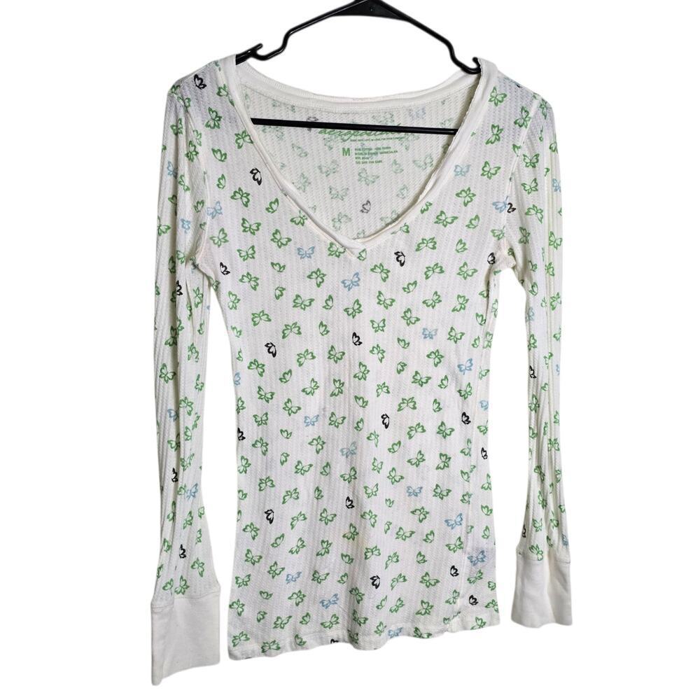 Y2K Aeropostale Butterfly Thermal Top Long Sleeve Waffle Henley White M